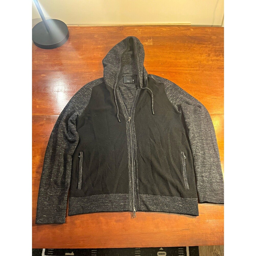 Vince Black Gray Solid Knit Full Zip Hooded Sweater Pockets Men's L Wool Linen